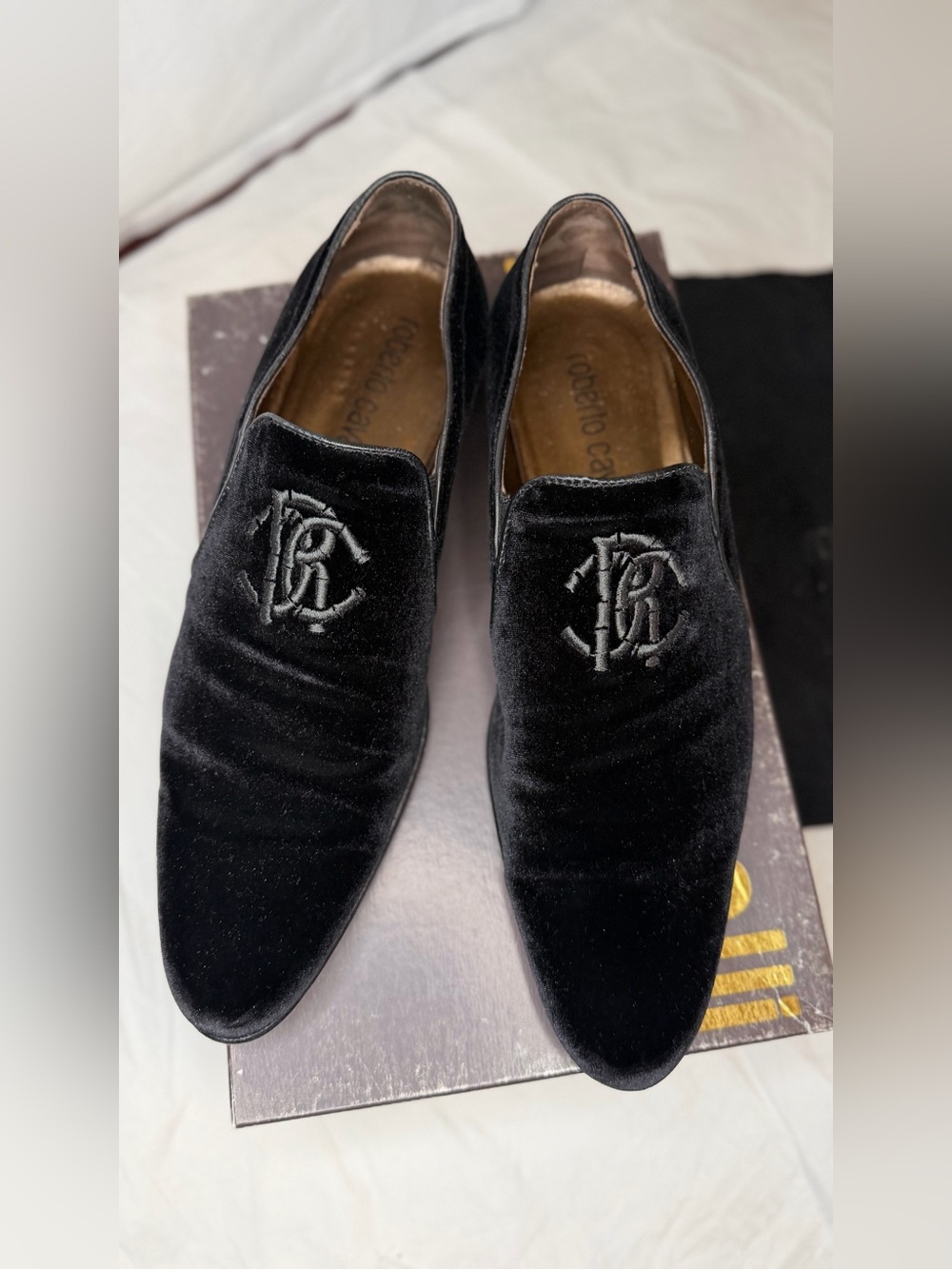 Roberto Cavalli Black Velvet Embroidered Slip-On Loafers